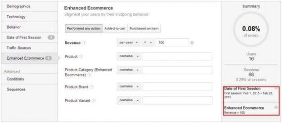 To combine first visit segments with total revenue for each user, combine the Date of First Visit condition with the "Enhanced Ecommerce" condition.