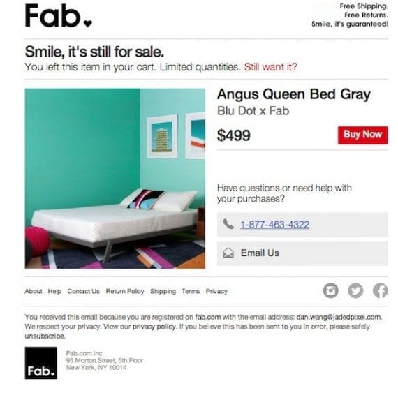 This abandoned cart email  from Fab includes both dynamic content to showcase cart items and a sense of urgency by notifying the shopper that quantities are limited.