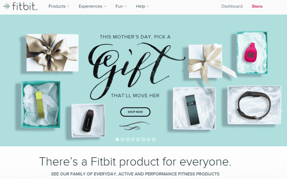 For Mother’s Day, Fitbit shows off its line of products in simple gift boxes, using a enticing line of “Pick a gift that’ll move her.”
