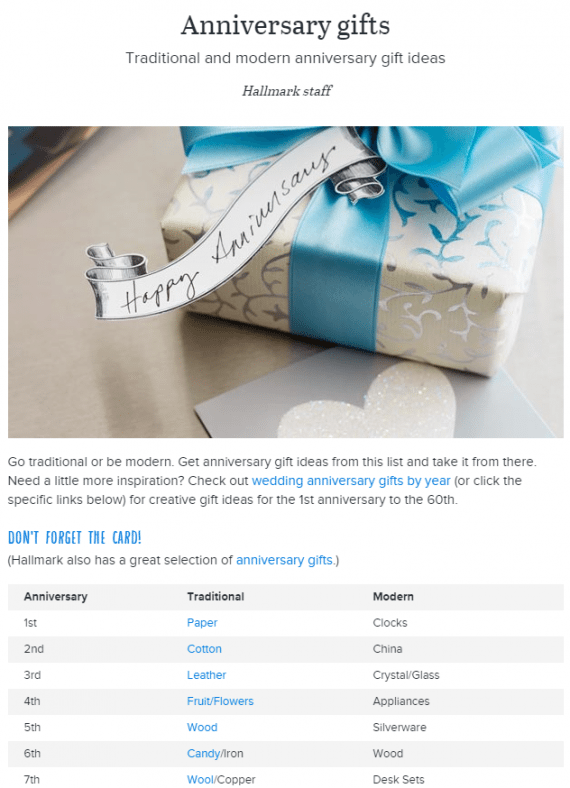 Websites that sell gifts for milestones should educate shoppers. This page from Hallmark lists the traditional and modern themes for wedding anniversaries.