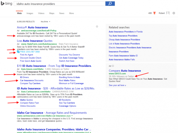 The Bing search result page for “Idaho auto insurance providers.”