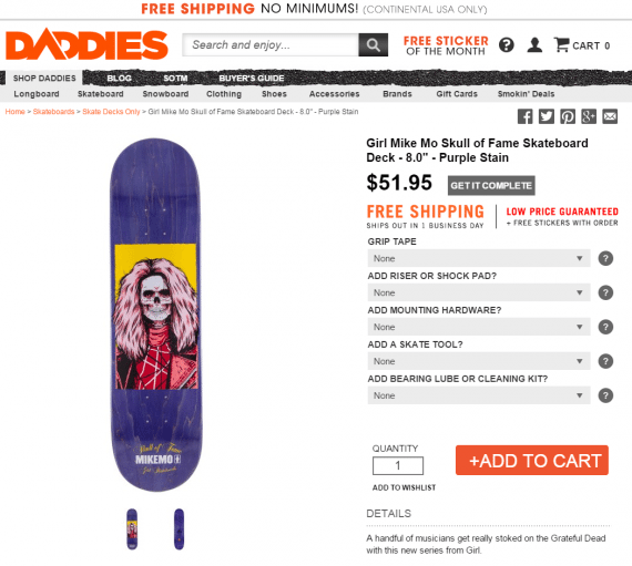 Next to each option is a hover button that displays the basics of the attribute. This is key to shoppers who are in the early stages of skateboarding trends. Source: Daddies Board Shop