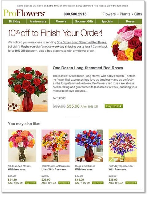 This abandoned cart email from ProFlowers includes a discounted offer, to entice the shopper to complete the purchase.