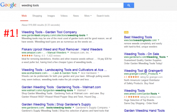 An edited screenshot showing Google search results for "weeding tools."