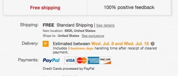 eBay includes superb shipping and delivery information on its product detail pages.
