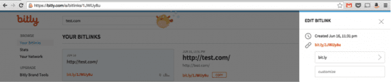 Pasting a standard link (http://test.com) into Bit.ly produces the shortened URL, in red text on the right. 