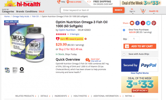 Hi-Health's product pages contain good textual content, as shown on this page for Optim Nutrition Omega-3 Fish Oil.