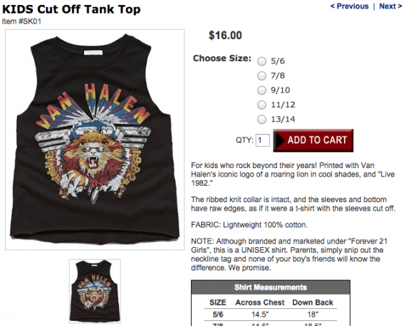 Van Halen Store sells a unisex shirt initially marketed for girls.