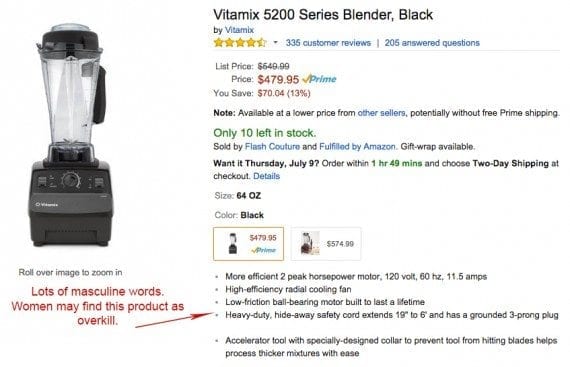 This description for the Vitamix blender focuses on power and acceleration. It does little to explain ease of use and cleaning and versatility — features important to most women. <em>Source: Amazon.</em>