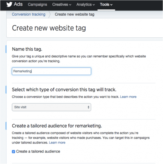 Create a new website tag labeled "Remarketing."