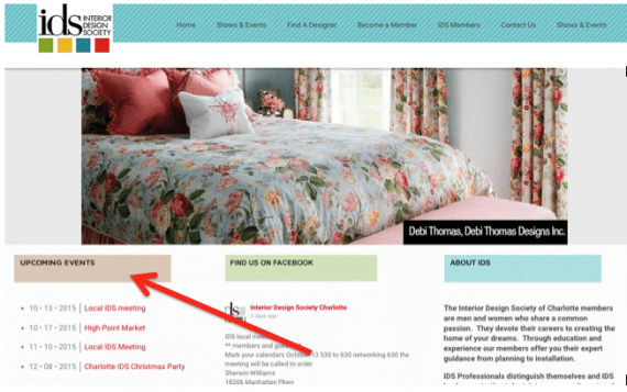 Interior Design Society of Charlotte posts upcoming events on its home page.