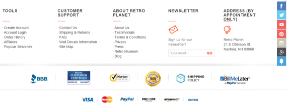 You don’t have to distract shoppers. Place the payment icons in the footer. Source: RetroPlanet.com.