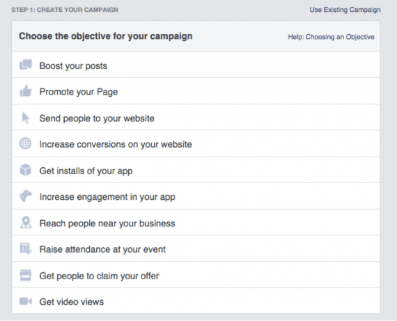 Facebook offers 10 campaign types.