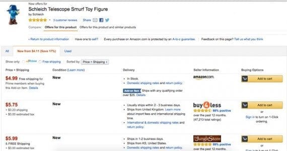 Some 18 different sellers, including Amazon proper, are offering this Smurf figure for sale on the Amazon Marketplace.