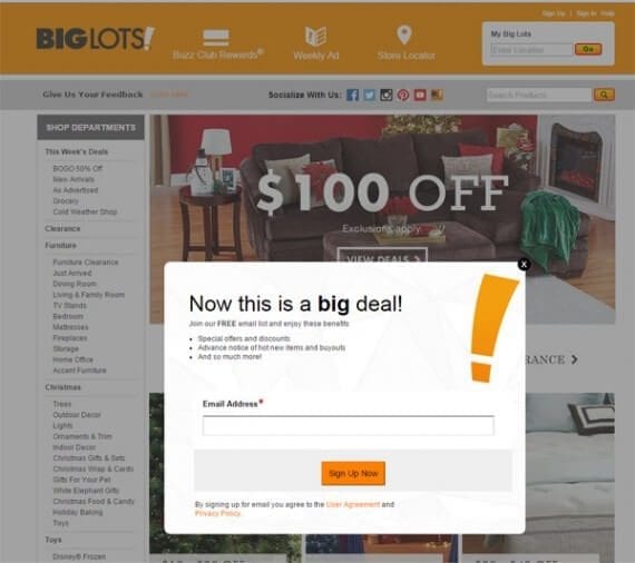 Big Lots also uses a pop-up to promote email subscriptions.