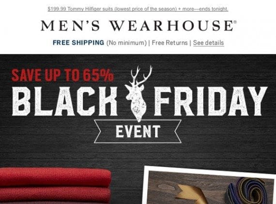 A Black Friday email from the Men's Wearhouse makes three distinct offers at the top of the email.