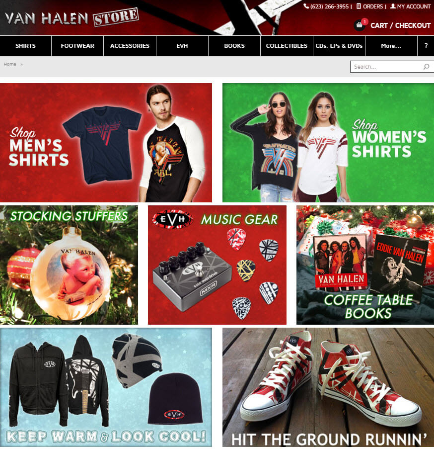 Van Halen Store showcases the seven most popular gifts this season on its home page.