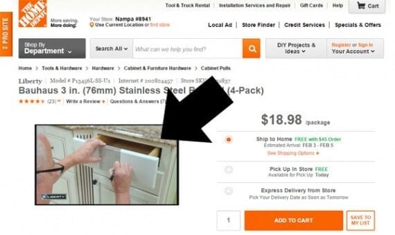 The Home Depot includes product-related videos on many of its product detail pages. The video seen in the example shows shoppers how to install the associated drawer pulls.
