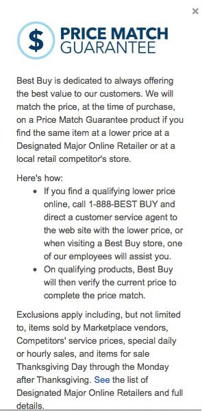 Best Buy carefully explains its price match guarantee in this paragraph. But the paragraph contains a link to the list of online retailers that are part of this price match. This link did not work.