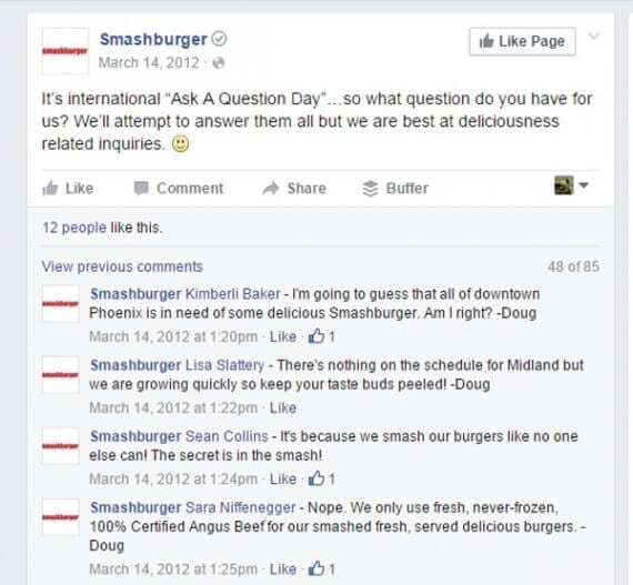 Smashburger used Ask a Question Day to respond to customers, on Facebook.