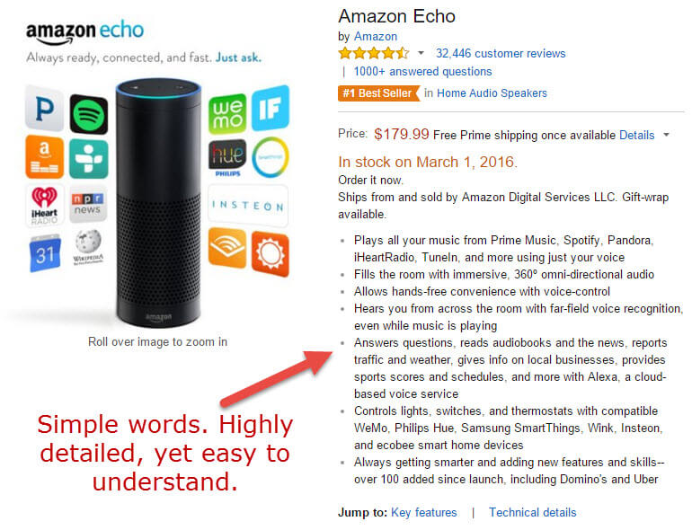 Amazon explains the Echo using easy to understand words and positive terms.