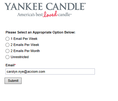 Yankee Candle's preference center simply allows subscribers to change the frequency in which they receive the emails.