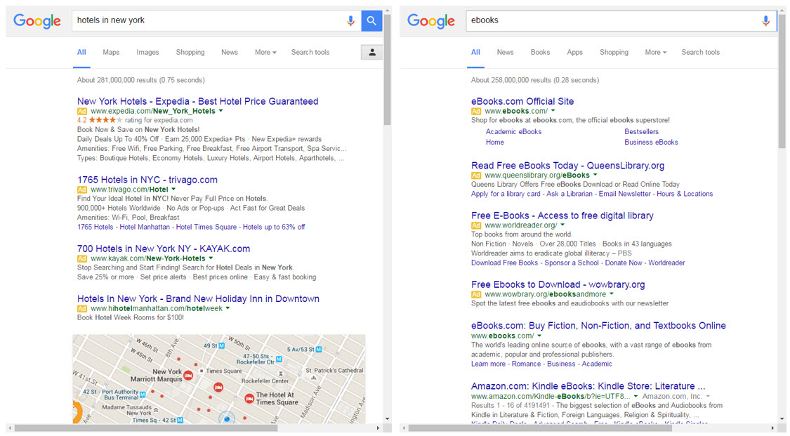 Two examples of the new search results pages with four text ads at the top of each.