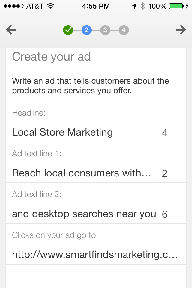 AdWords Express create mobile ad, step 2.