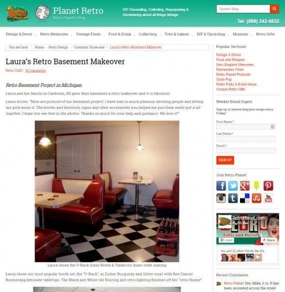 RetroPlanet.com published a post that features a customer's basement makeover. Many of the products used in this home diner were purchased from the Retro Planet store.