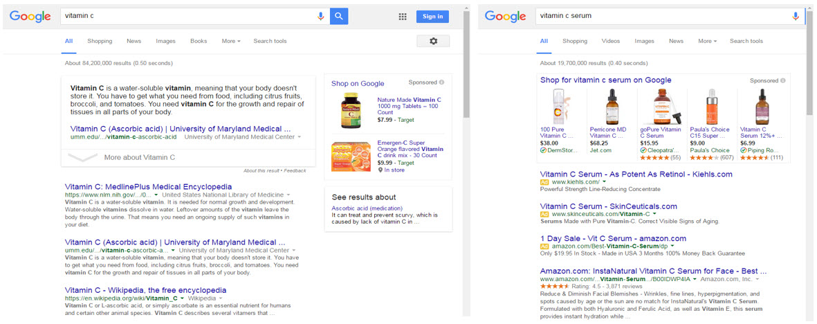 informational and ecommerce search results