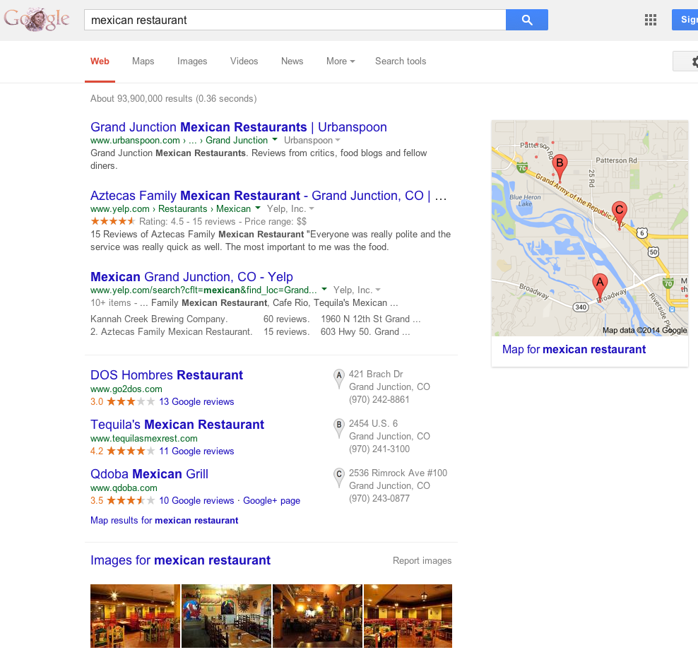 Google search results for mexican restaurant