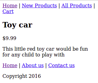 This hypothetical product page for a toy car is a template. The contents of the page — product name, price, description — come from a database.