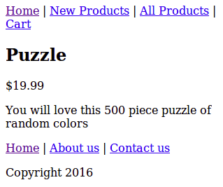 The layout of this product page for a puzzle is the same as the toy car. The difference is the content — product name, price, description — which, again, comes from a database.