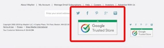 Trust badges appeared on 31 percent of the sites surveyed. The Google Trusted Store badge, like the one in the Wayfair footer, was one of the most common trust badges seen.