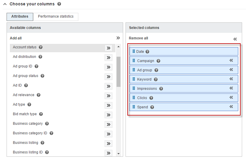 Select the Date, Campaign, Ad group, Keyword, Impressions, Clicks, and Spend columns.