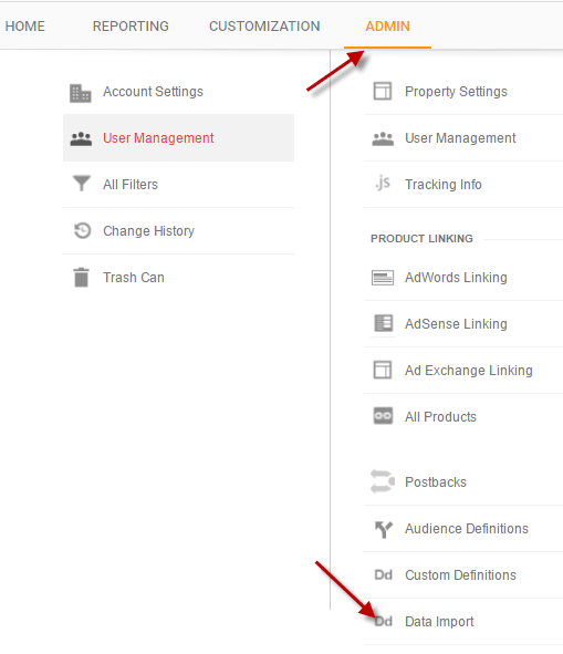 Access the Data Import configuration section in the Admin tab under the “Property” column.