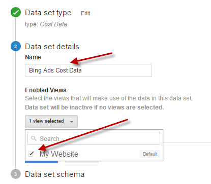 Name your data set and select which Views you would like the cost data to appear