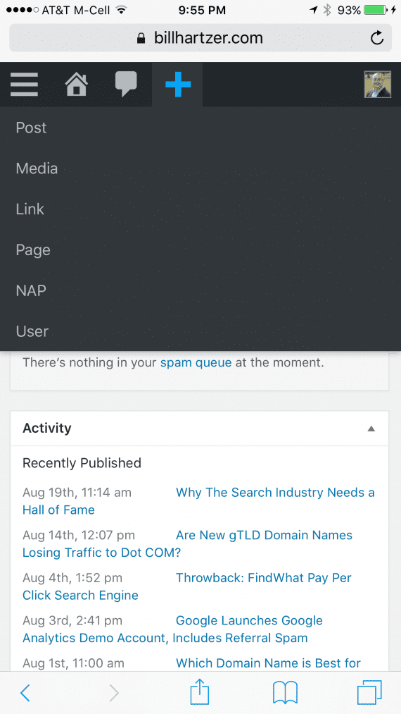 The main page of WordPress's mobile-friendly admin interface. Clicking on the plus button is where you can add or change a blog post, upload an image, and even add a new WordPress page. 
