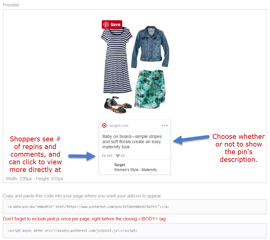 Pinterest's embed feature lets you display your own pins or pins by others.