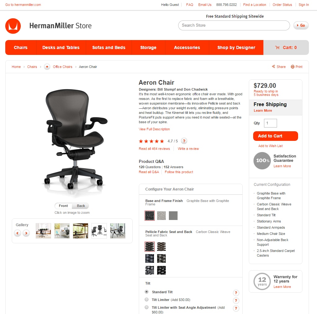 The product page is clean with customization options, estimated arrival, and more.