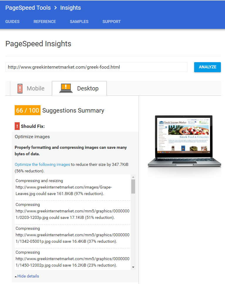 Under the “PageSpeed Suggestions” column, a “Should Fix” report provides suggestions of key issues to address.