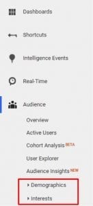 "Demographics" and "Interests" reporting appears in the “Audience" menu.