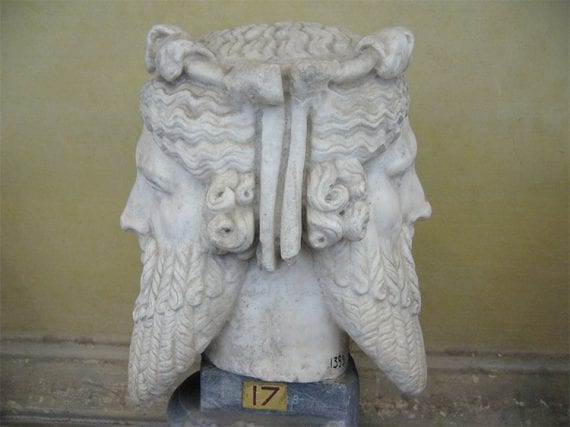 The mythological god Janus has one face that looks back and one that looks forward.