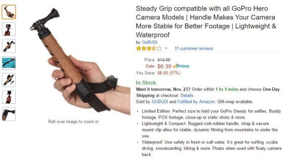 Savvy Amazon Sellers solve problems in headlines. This one reads: Steady Grip compatible with all GoPro Hero Camera Models | Handle Makes Your Camera More Stable for Better Footage | Lightweight & Waterproof