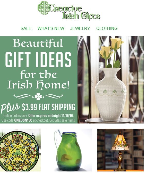 Creative Irish Gifts sends this holiday-themed email to lapsed customers. But it does not email those customers during the rest of the year, which makes sense given the infrequency of their purchases.