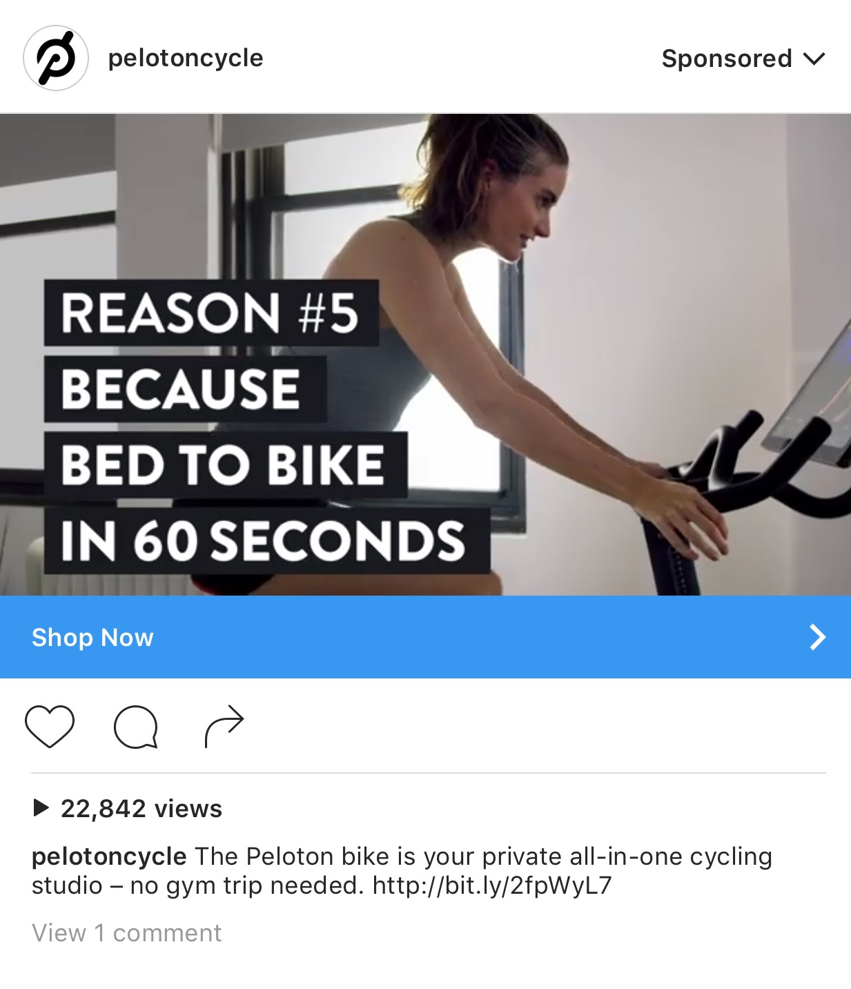 Example of an Instagram ad by Peloton Cycle.