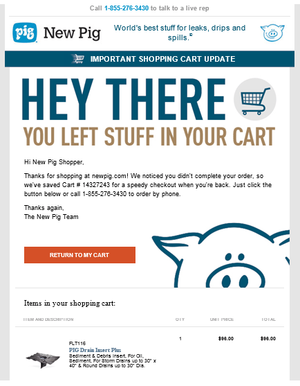 New Pig sends clever, clean, and fun abandoned cart emails.
