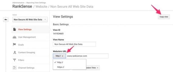 Create a duplicate view in Google Analytics to monitor both HTTP and HTTPS.