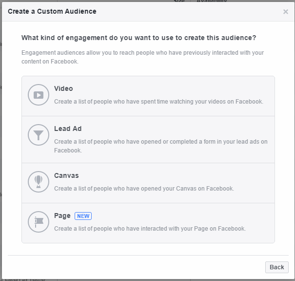 Options for Engagement on Facebook.
