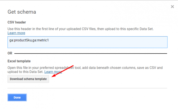 Click on “Download schema template” to get the template to populate product cost data.